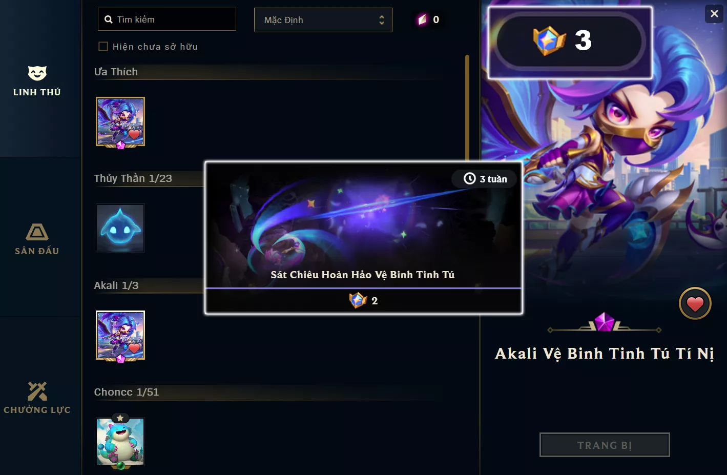 ACC TFT: Akali Vệ Binh Tinh Tú Tí Nị + Chưởng, Dư 3 huy hiệu,lv1 unrank, trắng thông tin